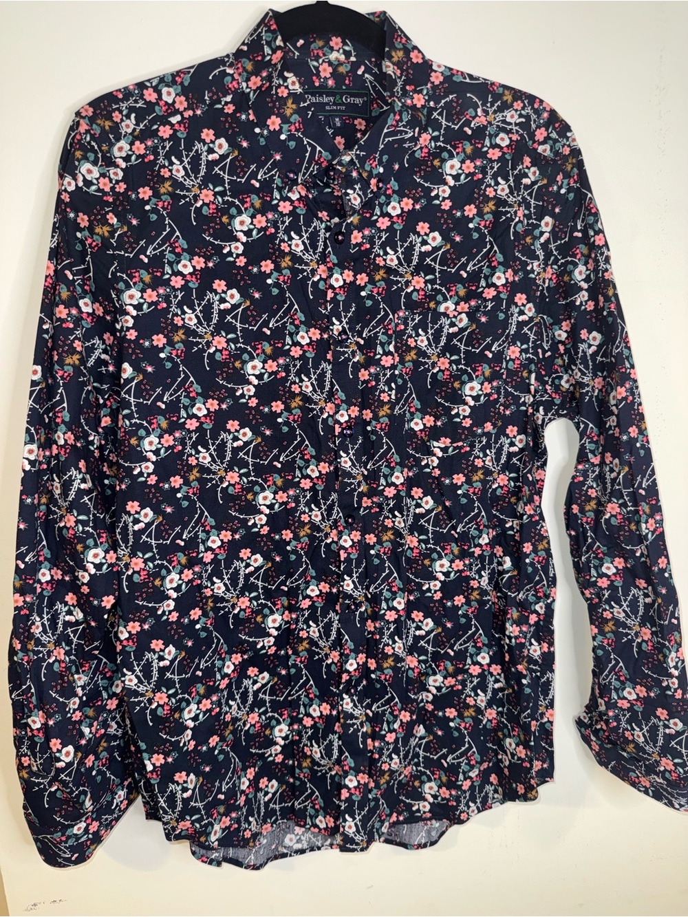 Paisley & Gray Men’s M 16 Slim Fit Navy Floral Botanical Button Down Shirt